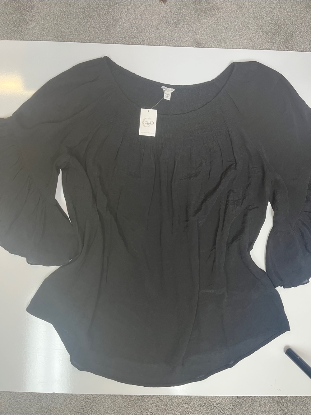 Black Flowy Top Smocked Flare Sleeves Cato NWT Size 14/16